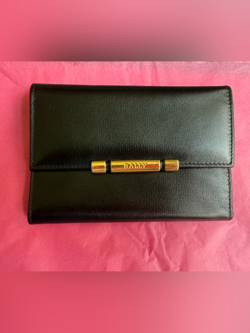 Bally Black Leather Continental Wallet with Gold Bar Detail